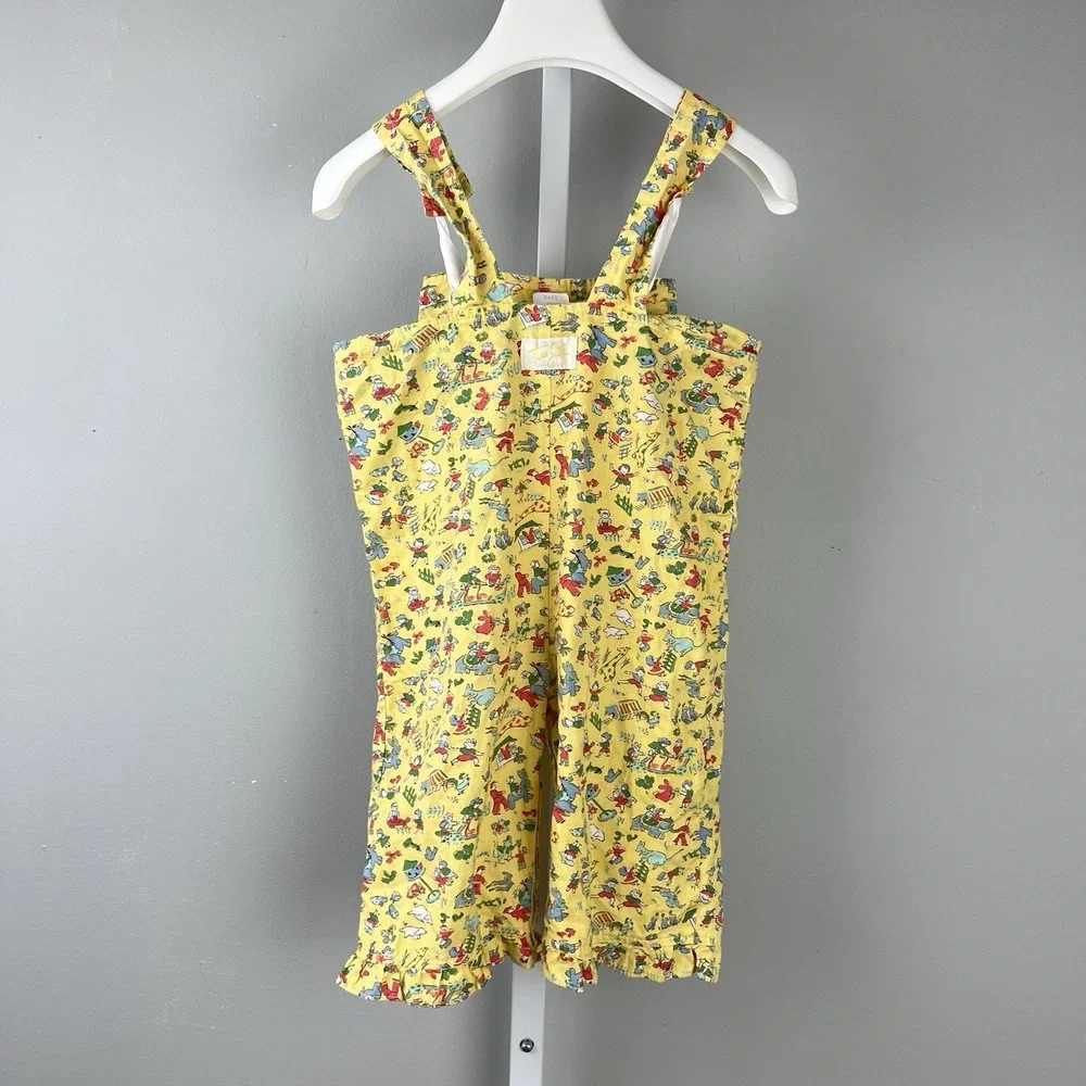 Vintage Three Girls Romper Overalls Baby Girl 12M Yellow Farm Animal‎ Print USA